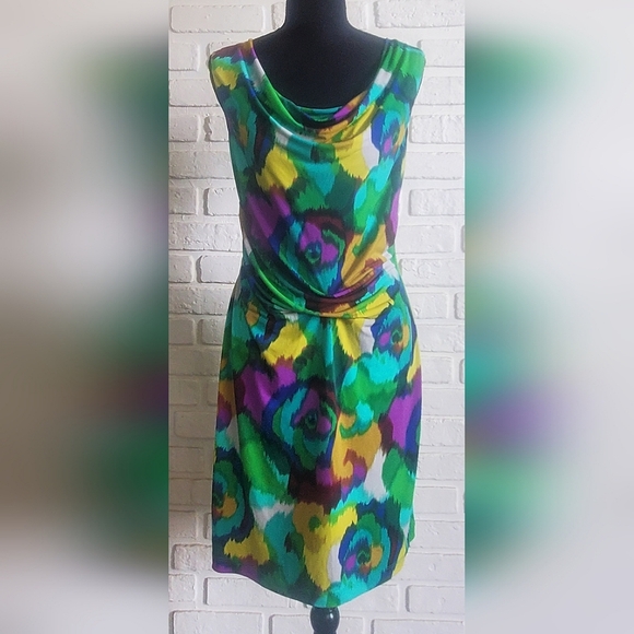 Calvin Klein Watercolour Abstract Art Sleeveless Ruched Sheath Dress Size 10 - Picture 1 of 14